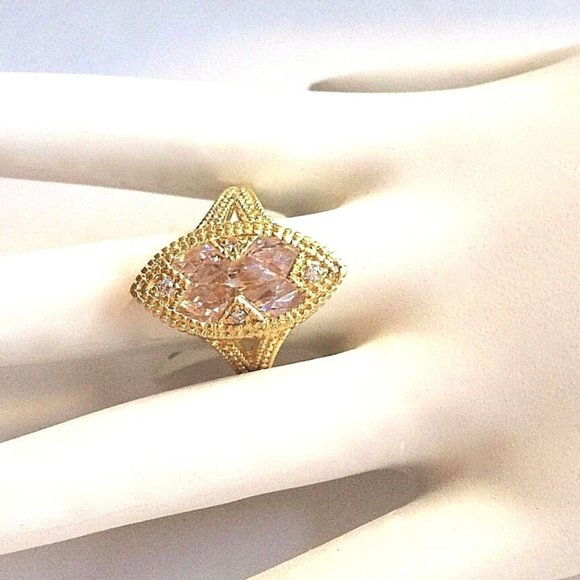 Art Deco Cocktail Ring Size 9 Gold Plated Marquis Cubic Zirconia Statement - Picture 7 of 11